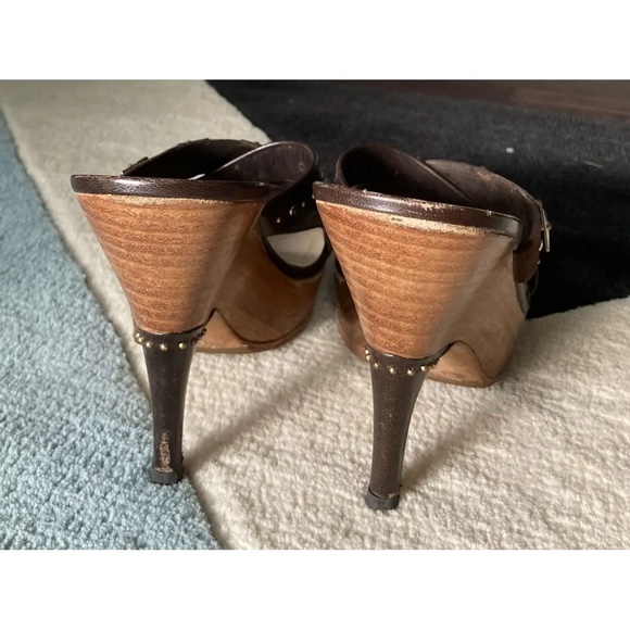Dior Vintage Y2K Brown Leather Wood High Heel Slide Sandals Mules Studded 36 5.5 - Picture 4 of 5